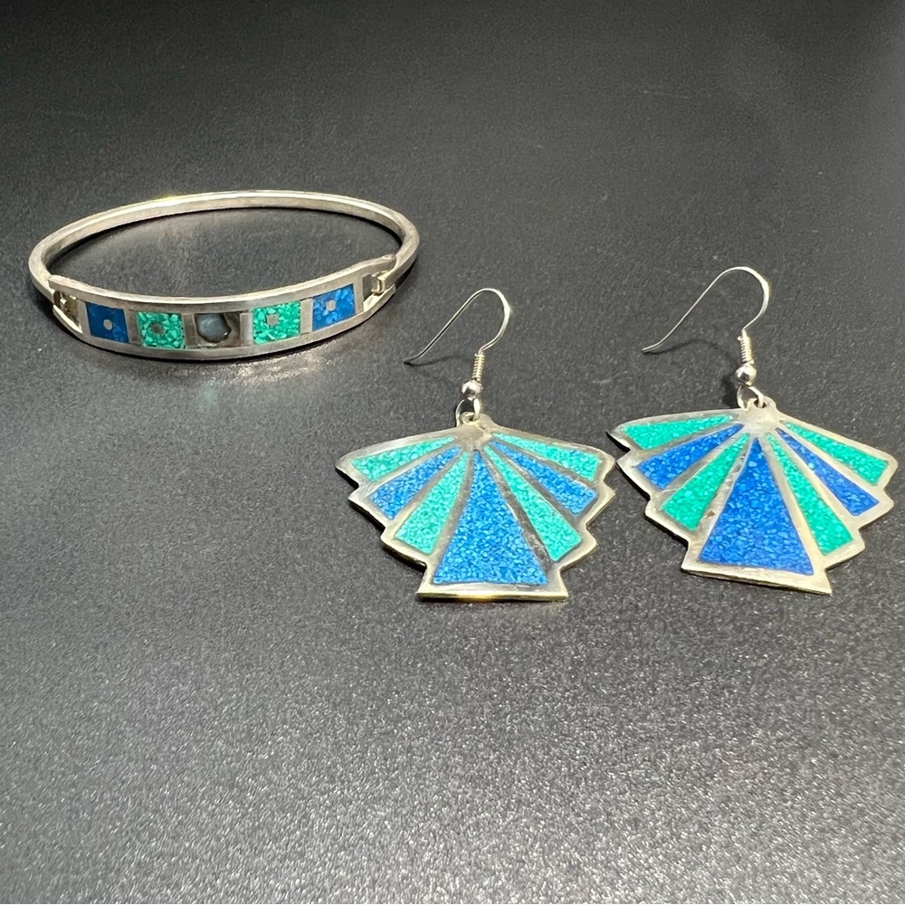 Bundle of Taxco Silver Crushed Malachite Lapis Inlay Earring Bracelet